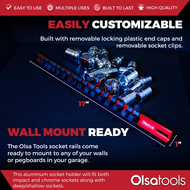 Olsa Tools منظم مفاتيح الألمنيوم Olsa Tools بحجم 1/2 بوصة مع أغطية قفل نهائية | حامل مفاتيح بجودة احترافية (أحمر) - Image 3